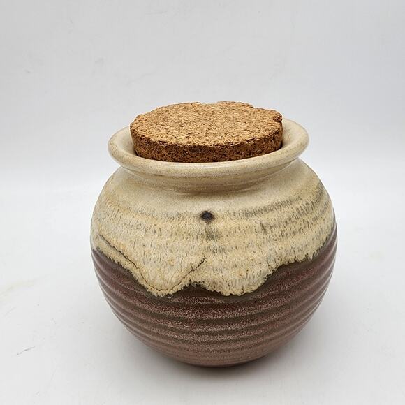 Vtg Mad Money Savings Jar Glazed Stoneware Cork Lid Brown Cream Gargen Ridge 5" - Picture 4 of 10